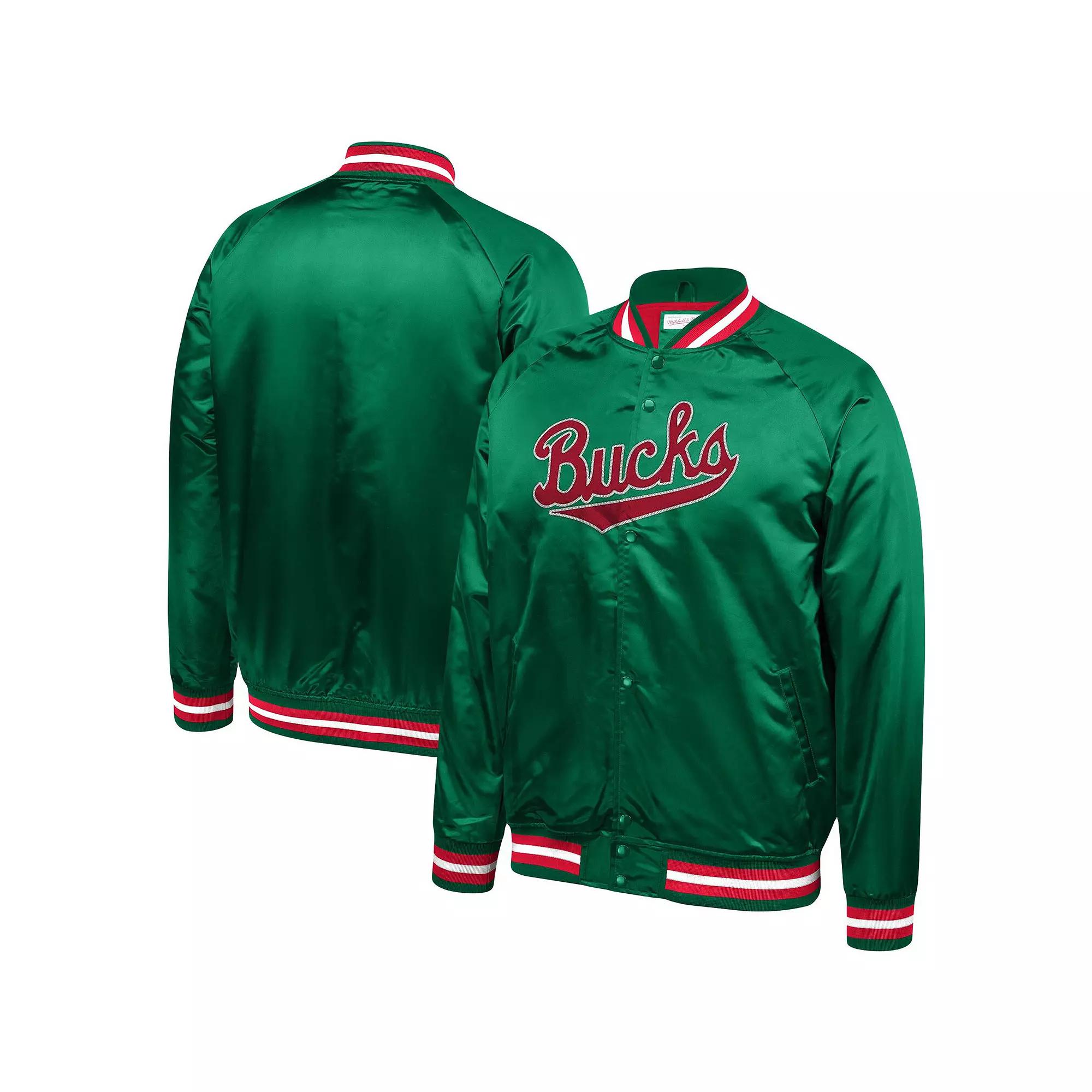 Men's Mitchell & Ness Hunter Green Milwaukee Bucks Throwback Wordmark Satin Full-Snap Raglan Jacket, Size: 3XL, Team Product Image
