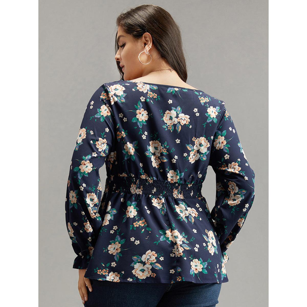 Plus Size Indigo Floral Square Neck Shirred Lantern Sleeve Blouse Women Elegant Long Sleeve Square Neck Dailywear Blouses BloomChic 28/5X Product Image