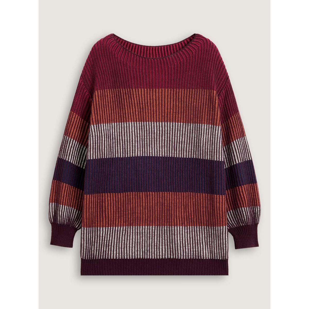 Plus Size Textured Striped Contrast Patchwork Pullover Deepred Women Casual Long Sleeve Round Neck Everyday Pullovers BloomChic 12/L Product Image