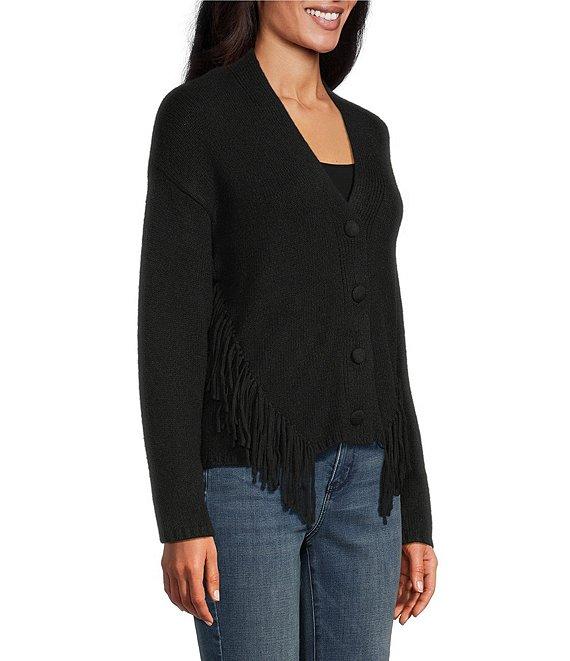 Reba Sage Knit V-Neck Asymmetrical Fringe Long Sleeve Button Down Cardigan Product Image