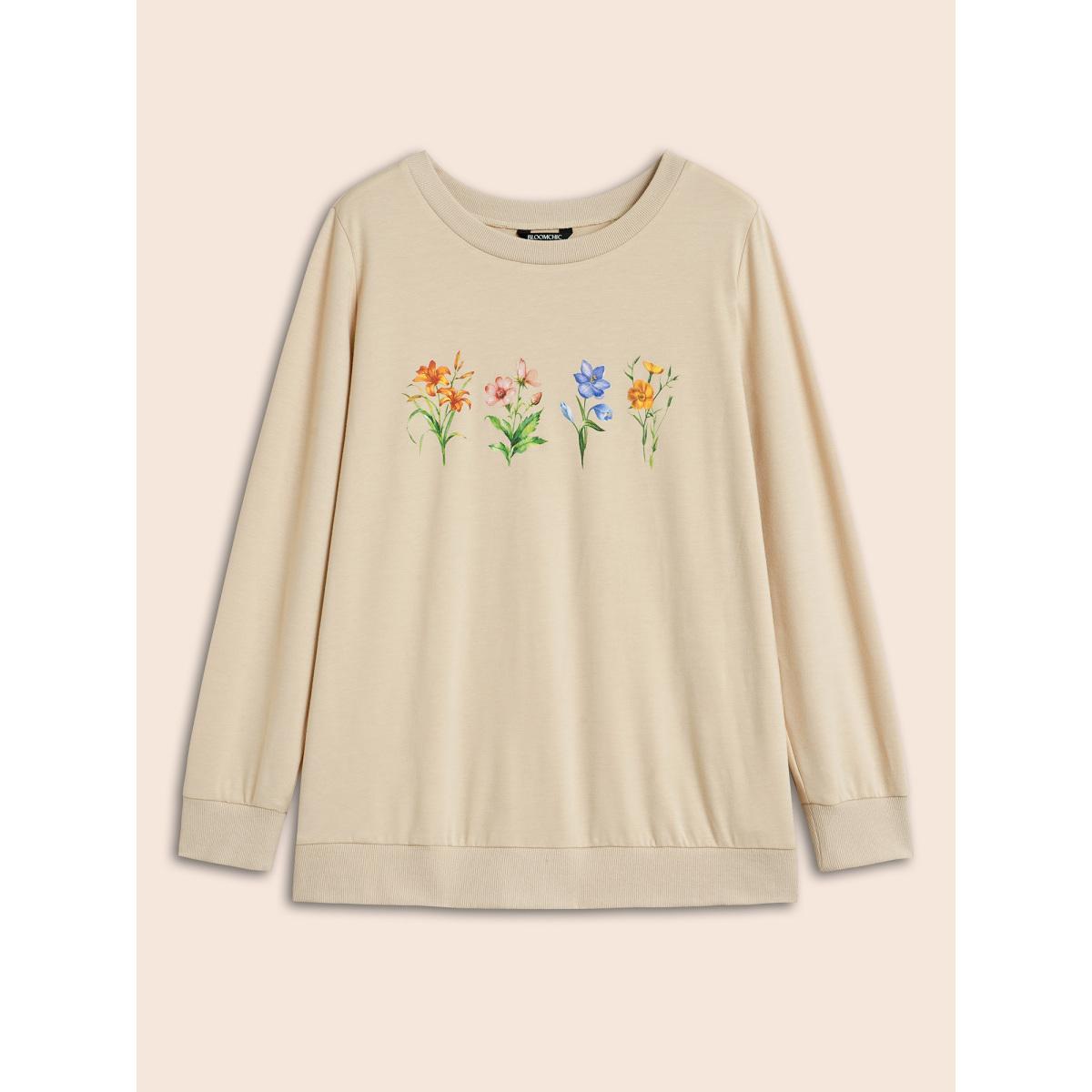 Plus Size Round Neck Natural Flowers Sweatshirt Women Apricot Casual Patchwork Round Neck Everyday Sweatshirts BloomChic 22-24/3X Product Image