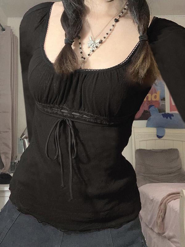 Lace Trim Tie Front Long Sleeve Blouse Product Image