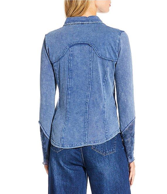 Reba Anissa Point Collar Long Sleeve Embroidered Button Front Top Product Image