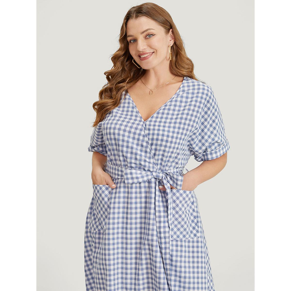 Plus Size Gingham Print Roll Batwing Sleeve Belt Pocket Wrap Dress Stone Women Office Wrap V-neck Short sleeve Curvy Midi Dress BloomChic 10/M Product Image