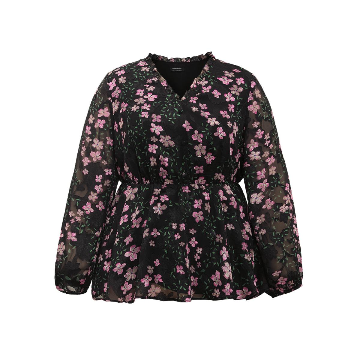 Plus Size Black Floral Print Frill Trim Blouse Women Elegant Long Sleeve V-neck Dailywear Blouses BloomChic 12/L Product Image