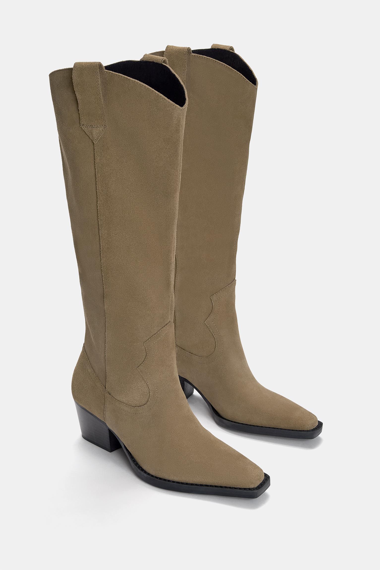 Leather knee-high cowboy-style boots Product Image
