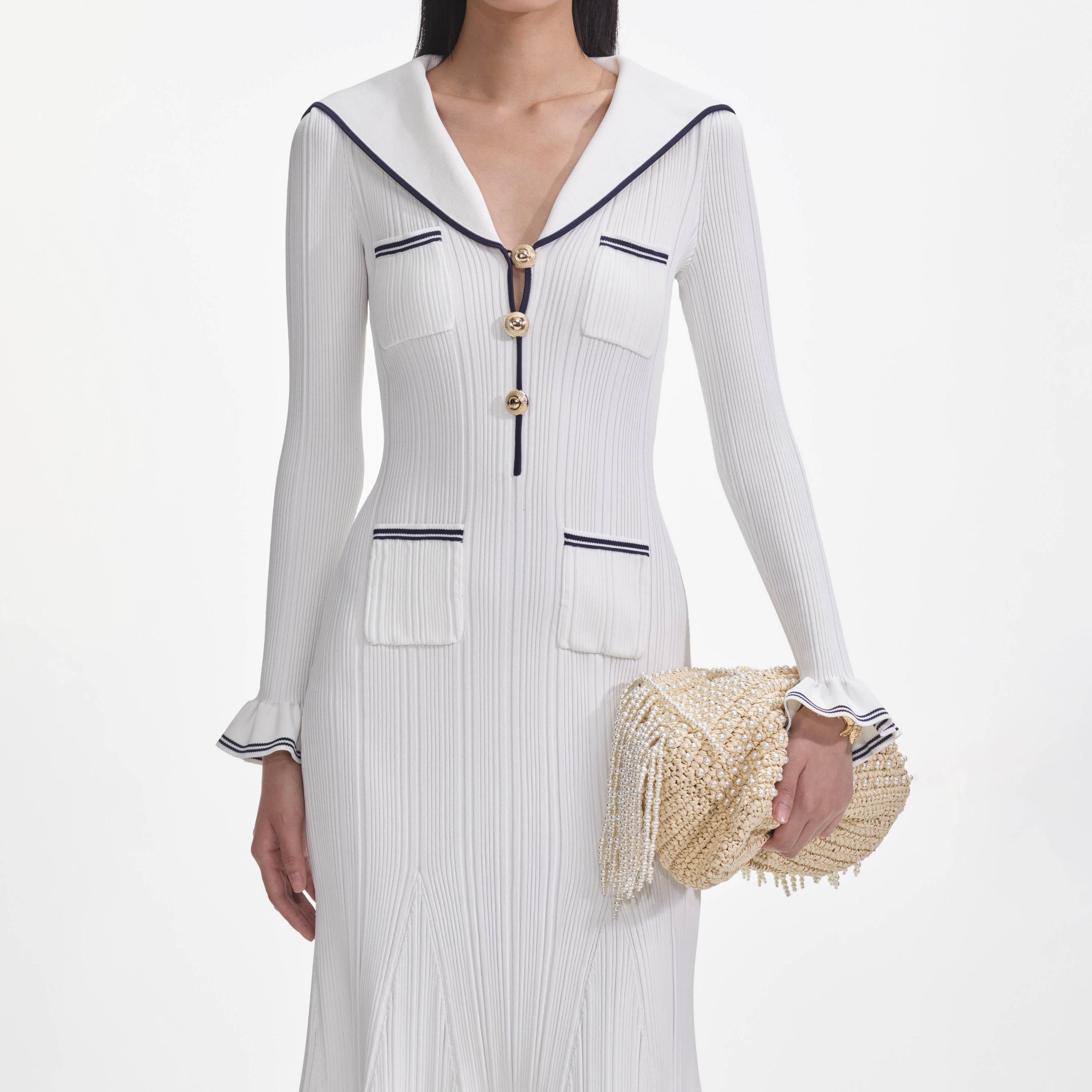 White Viscose Rib Knit Midi Dress Product Image