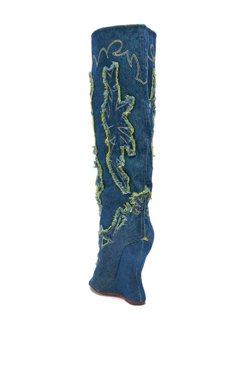 AZALEA WANG VIANCA GREEN MULTI DENIM WEDGE BOOT Product Image