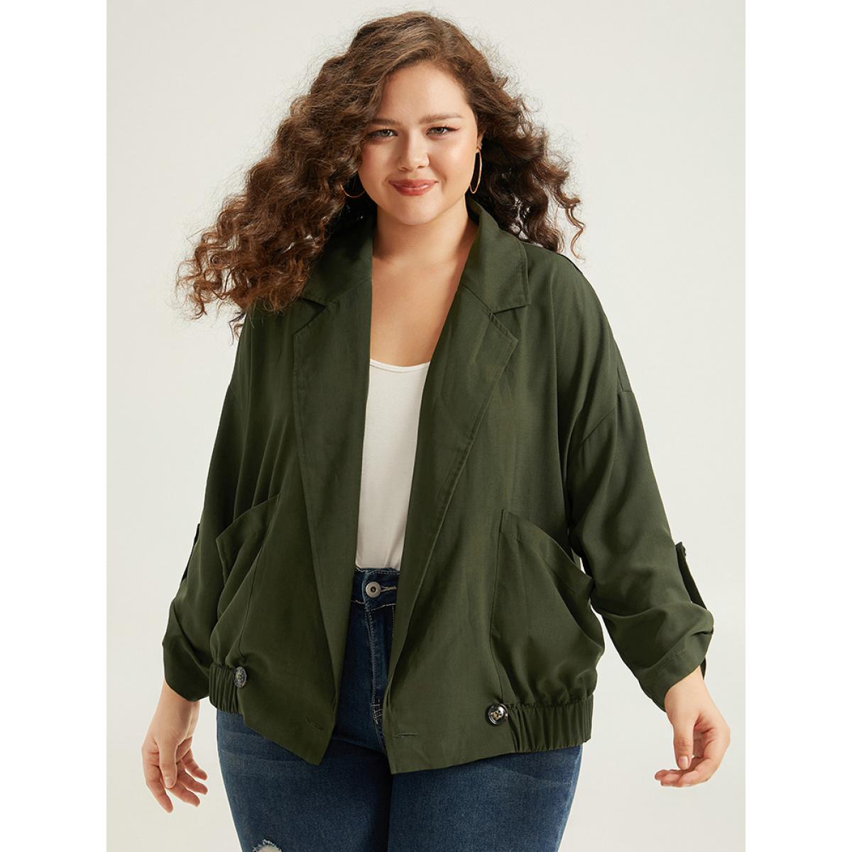 Plus Size Lapel Collar Solid Gathered Tab Sleeve Jacket Women ArmyGreen Plain Pocket Dailywear Jackets BloomChic 12/L Product Image