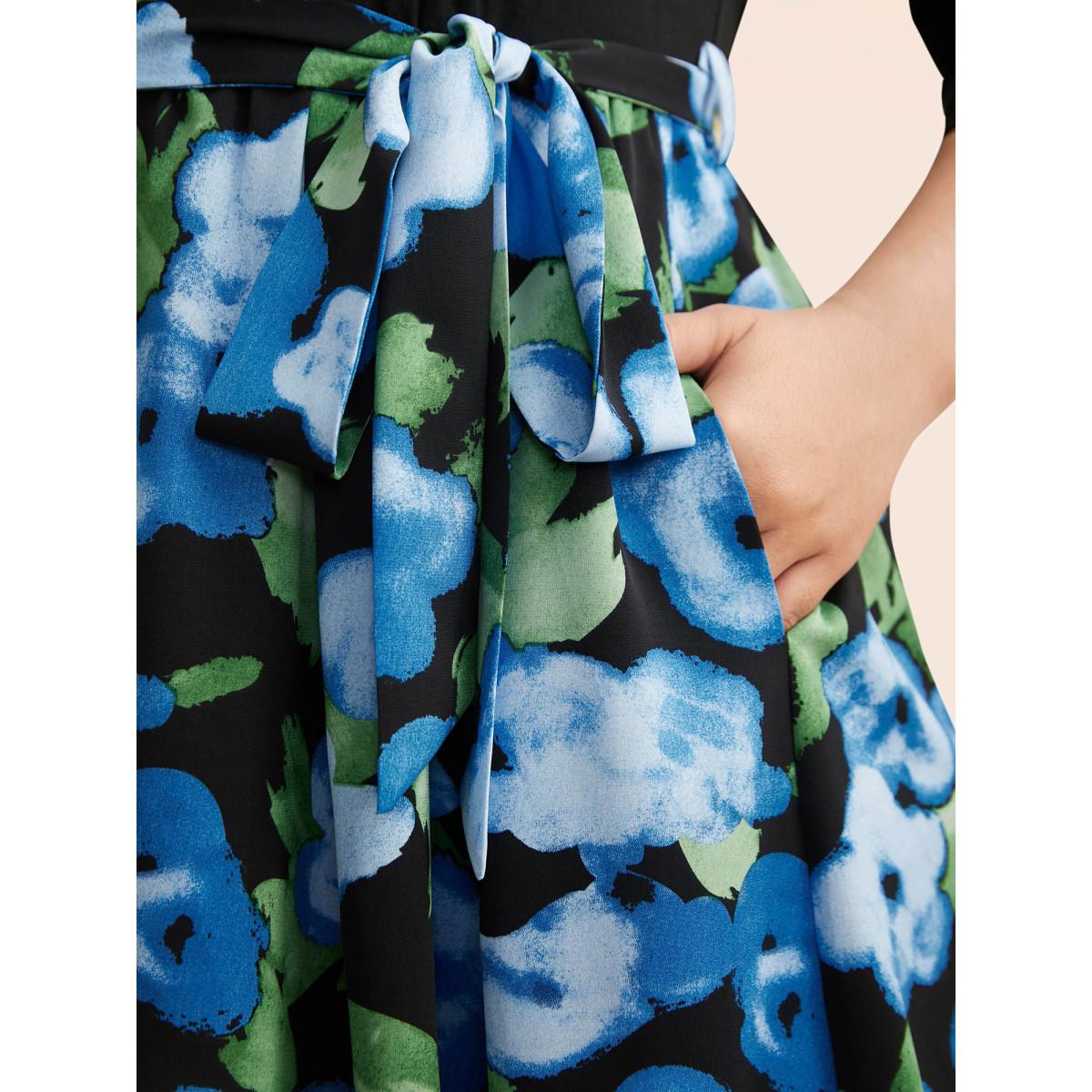 Plus Size Round Neck Floral Patchwork Belted Dress Black Women Elegant Belted Round Neck Elbow-length sleeve Curvy BloomChic 12/L Product Image