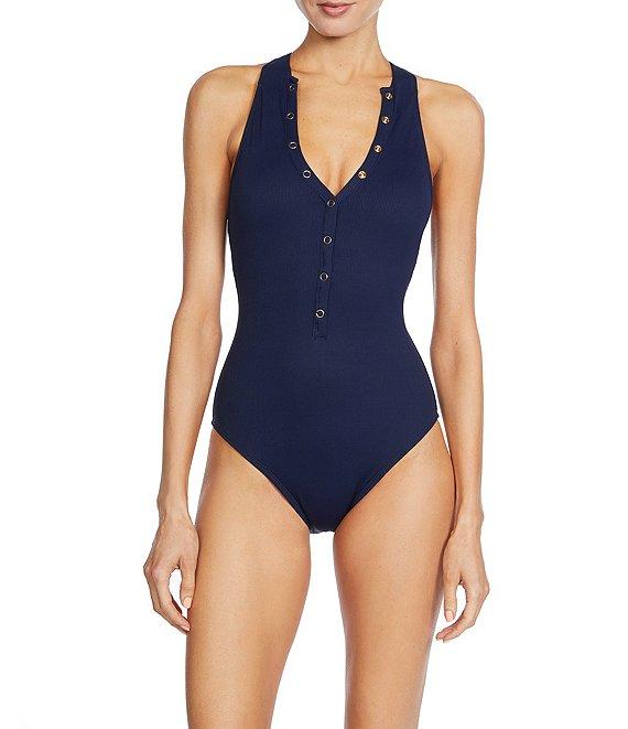 ROBIN PICCONE Amy Solid High V-Neck Open Back One Piece Swimsuit Product Image
