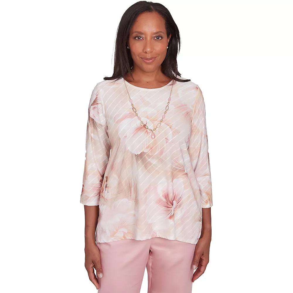 Women's Alfred Dunner Textured Watercolor Flower Top with Necklace,  Product Image