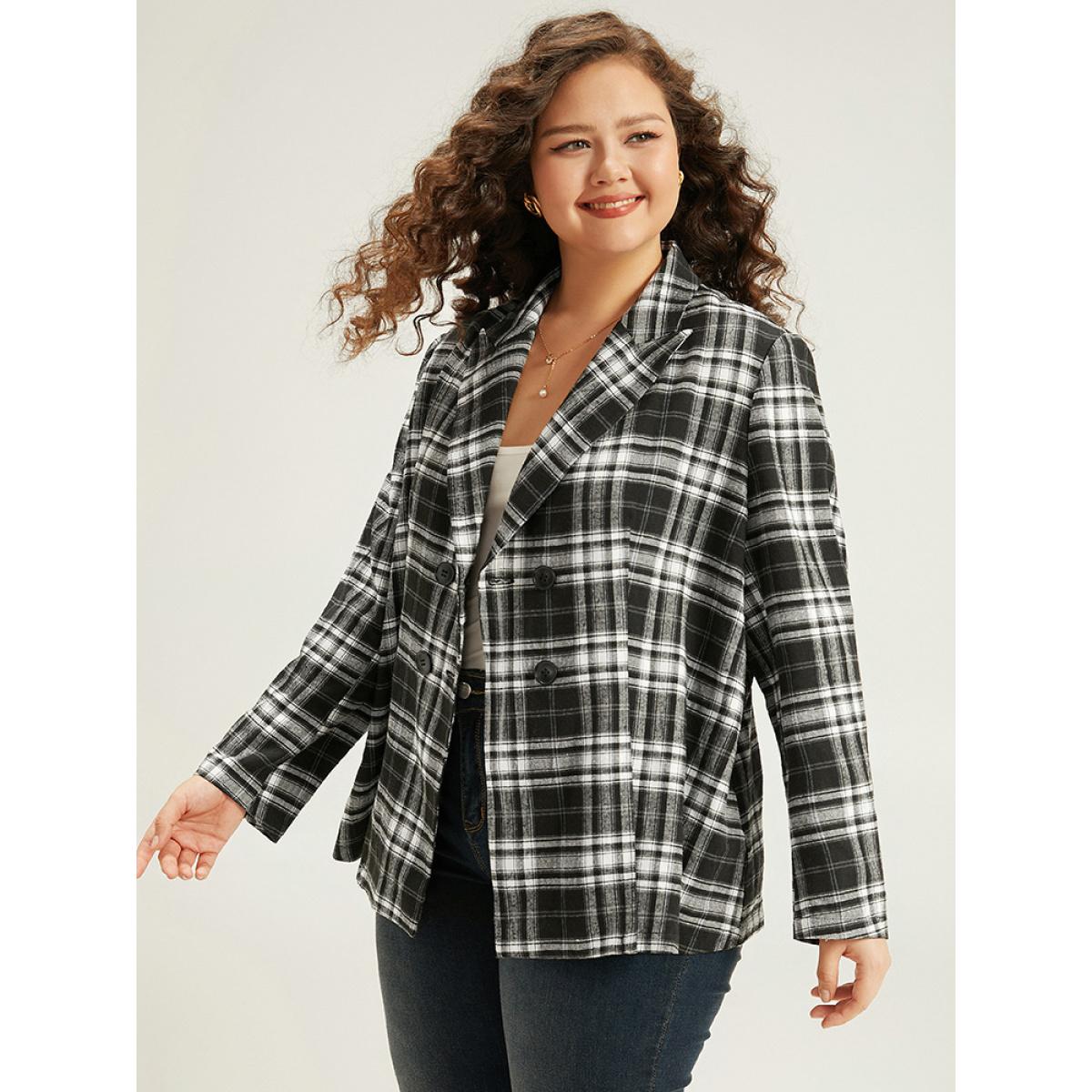 Plus Size Plaid Suit Collar Button Fly Blazer Black Women Work Plaid Contrast Sleeve Long Sleeve Suit Collar 26/4X Office Blazers BloomChic Product Image