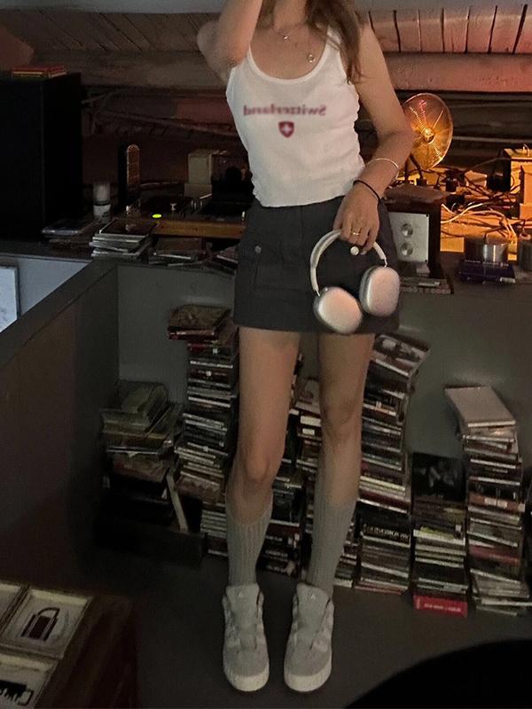 Letter Print Waffle Elastic Tank Top Product Image