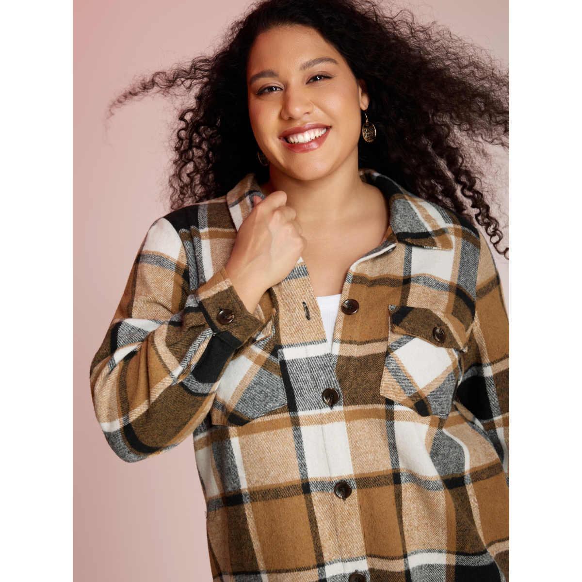 Plus Size Plaid Chest Pockets Long Jacket Women Bronze Button Loose Side seam pocket Casual Jackets BloomChic 26/4X Product Image