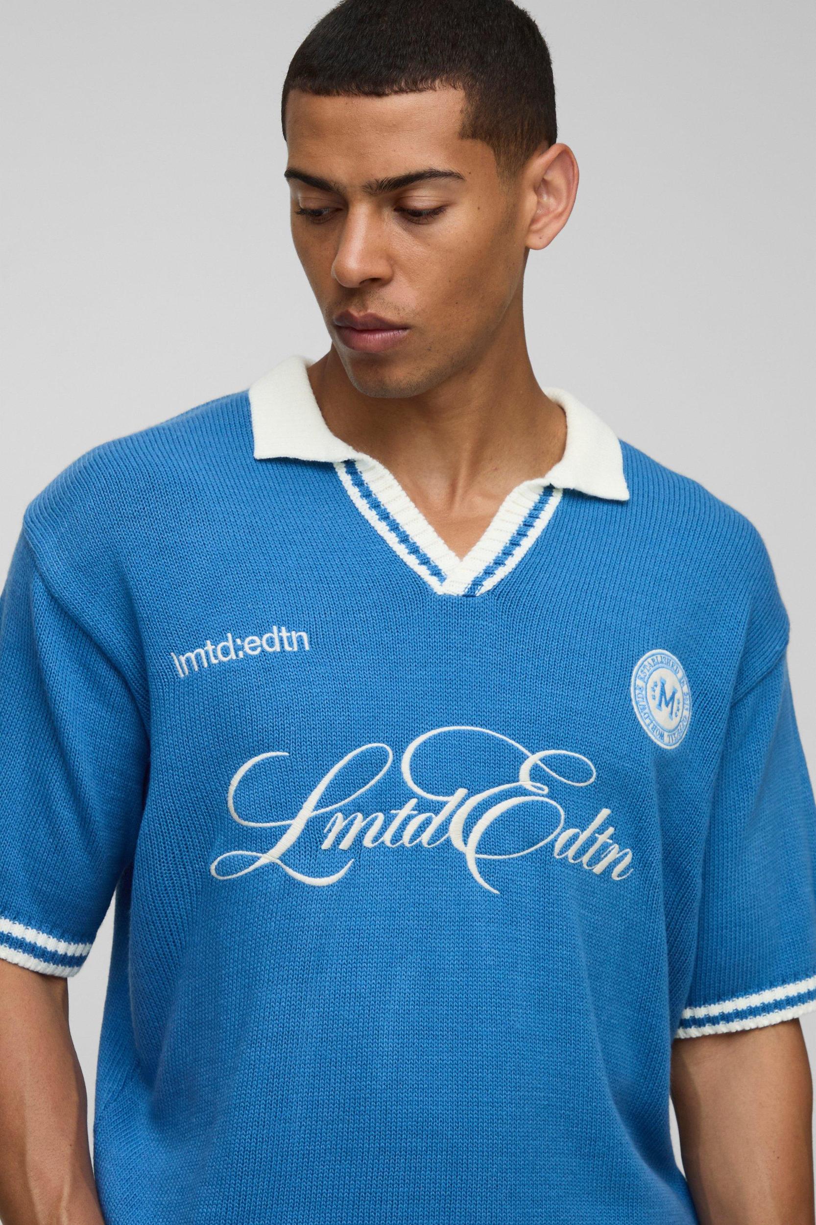 Oversized V Neck Limited Edition Short Sleeve Knitted Polo & Short Set | boohooMAN USA Product Image