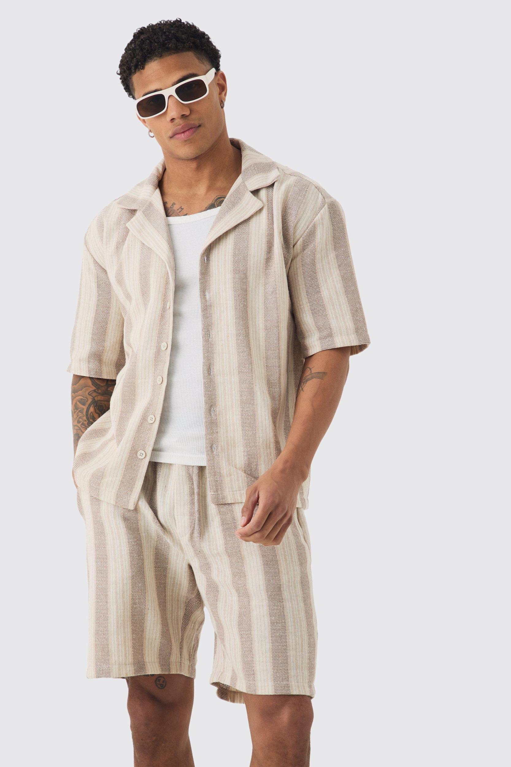 Oversized Revere Linen Look Stripe Shirt & Short Set | boohooMAN USA Product Image