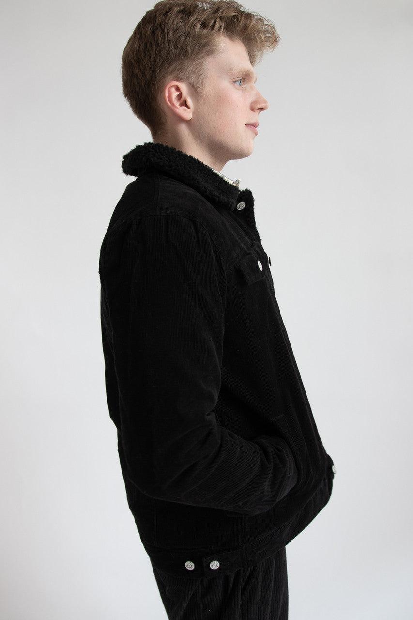 Black Sherpa Lined Corduroy Trucker Jacket Product Image