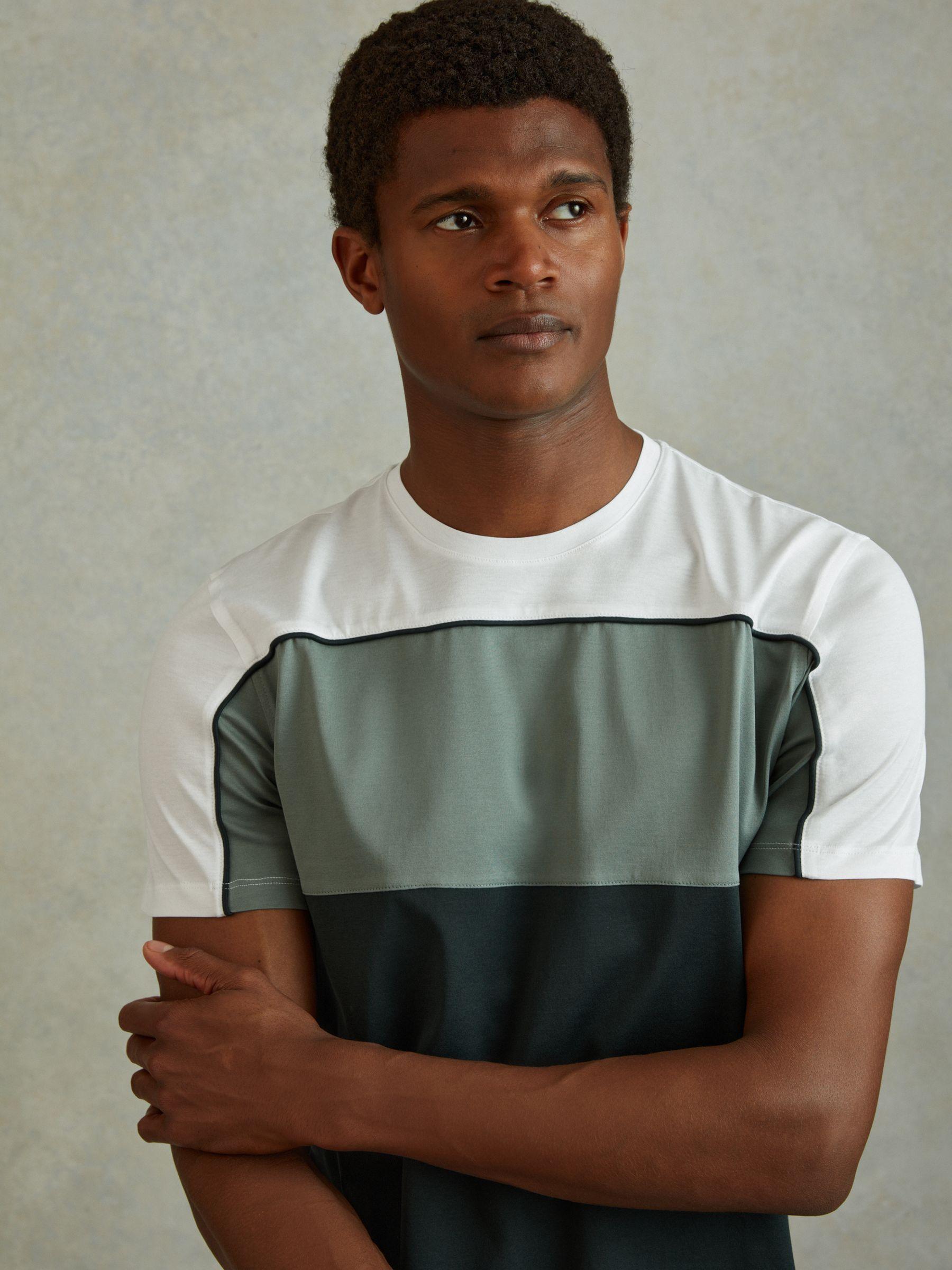Mercerised Cotton Colourblock Crew Neck T-Shirt in Dark Green/White Product Image