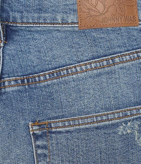 JOHNNY WAS Stretch Denim Floral Embroidered Wide Leg Cuffed Ankle Jeans Product Image