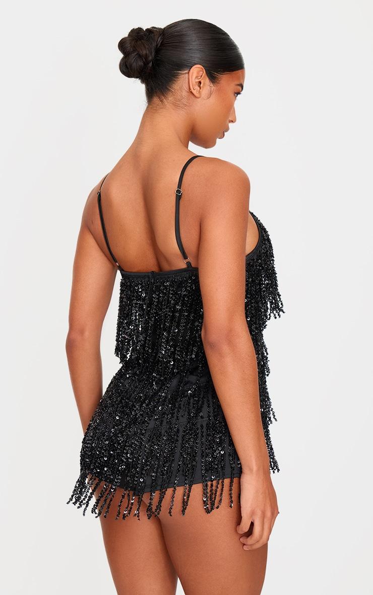 Black Premium Full Embellished Plunge Strappy Romper Product Image