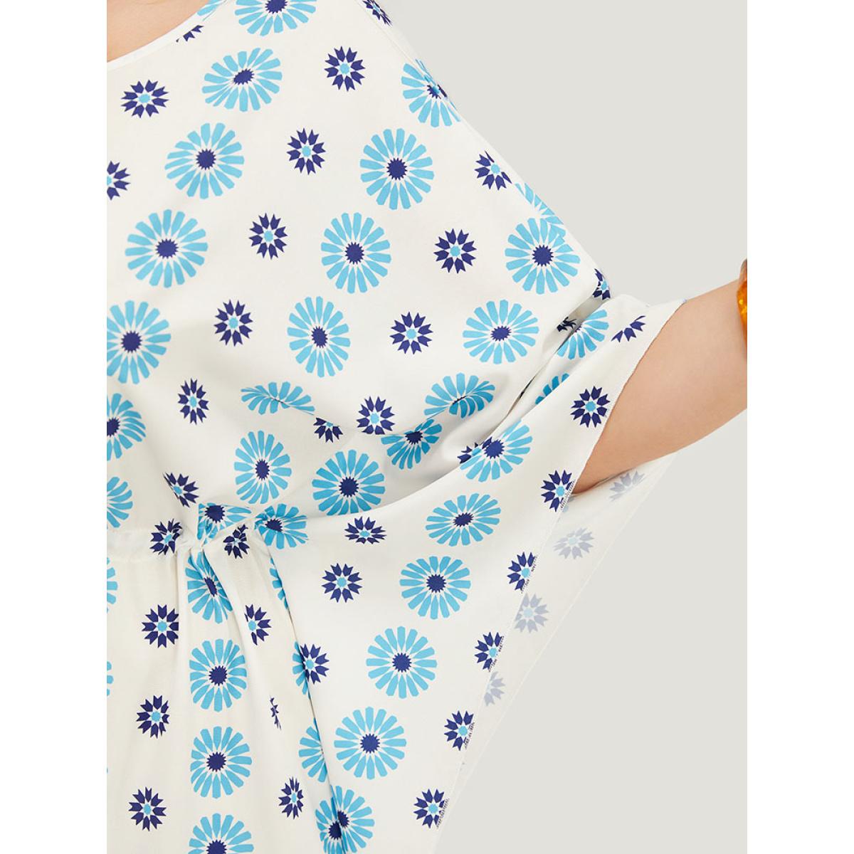 Plus Size Floral Batwing Sleeve Keyhole Knotted Neck Split Dress Cerulean Women Vacation Round Neck Half Sleeve Curvy Midi Dress BloomChic 10/M Product Image
