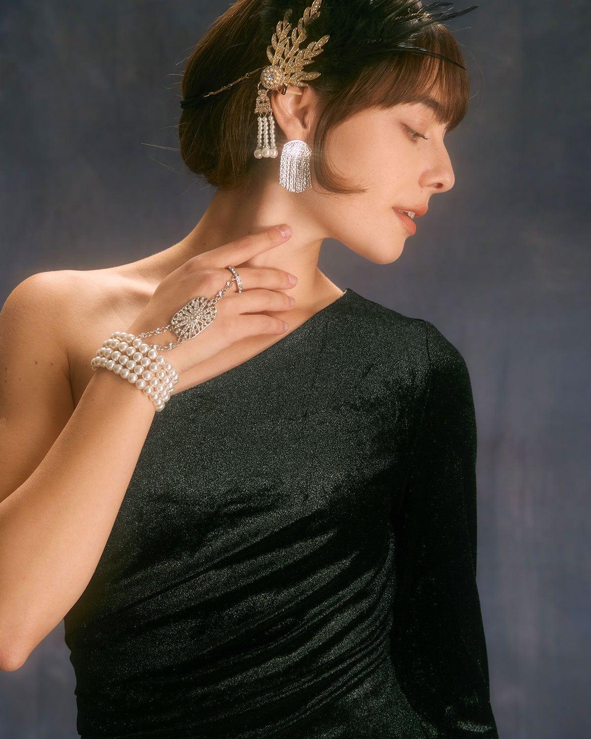 The Black One Shoulder Lurex Velvet Mini Dress Product Image