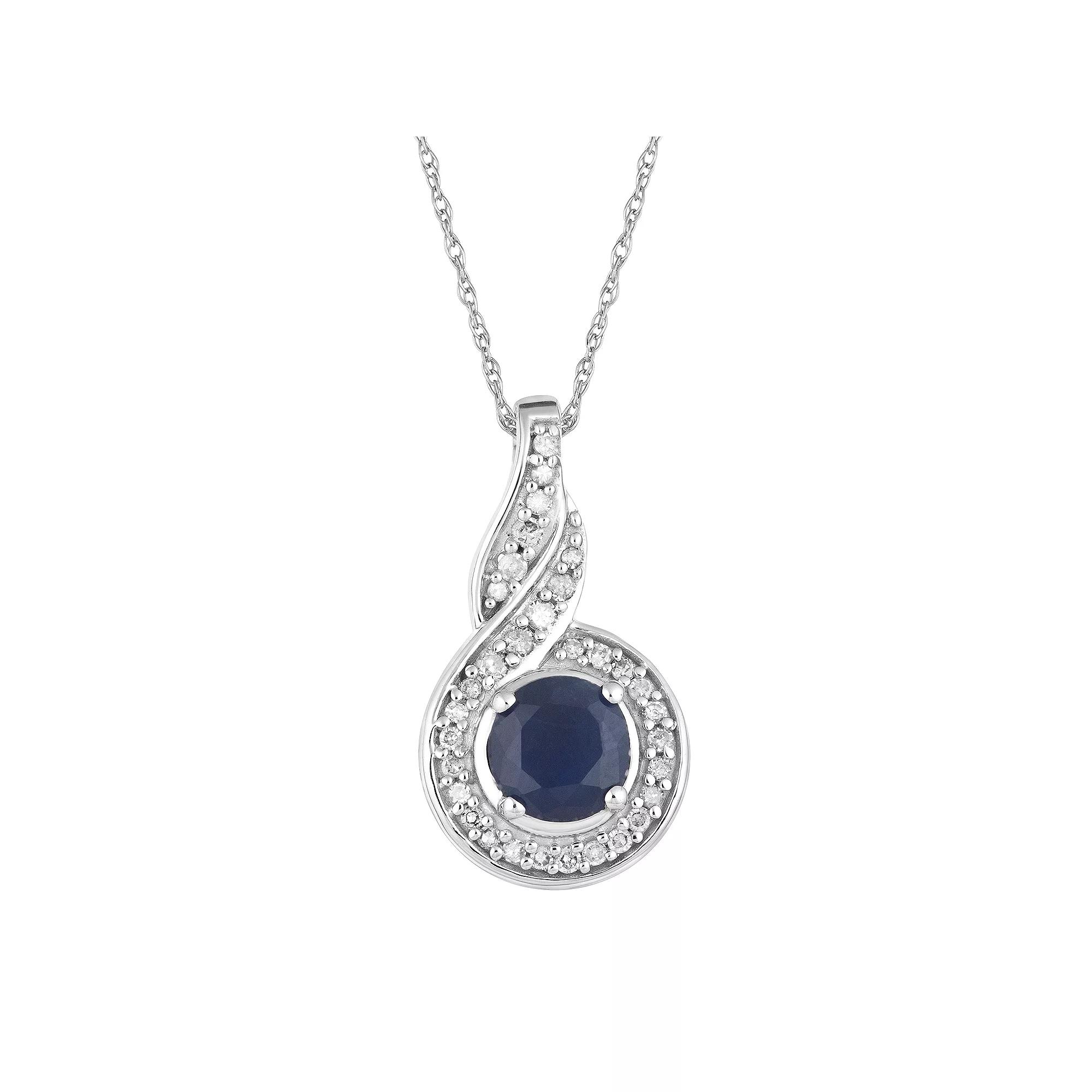 10k White Gold Sapphire  & 1/10 Carat T.W. Diamond Twist Halo Pendant, Women's, Size: 18", 10k Whgold Product Image
