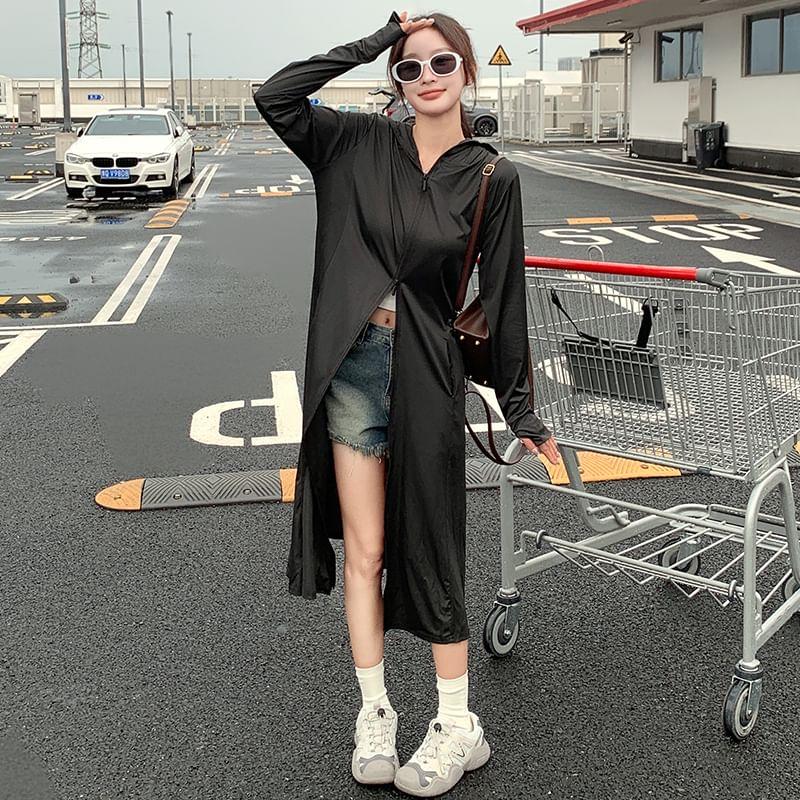 Long Sleeve Hooded Plain Sun Protection Zip-Up Long Jacket Product Image