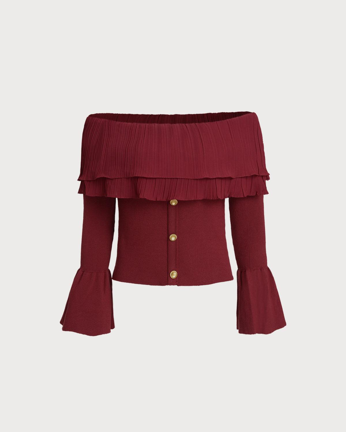 Red Off The Shoulder Bell Sleeve Sweater Product Image