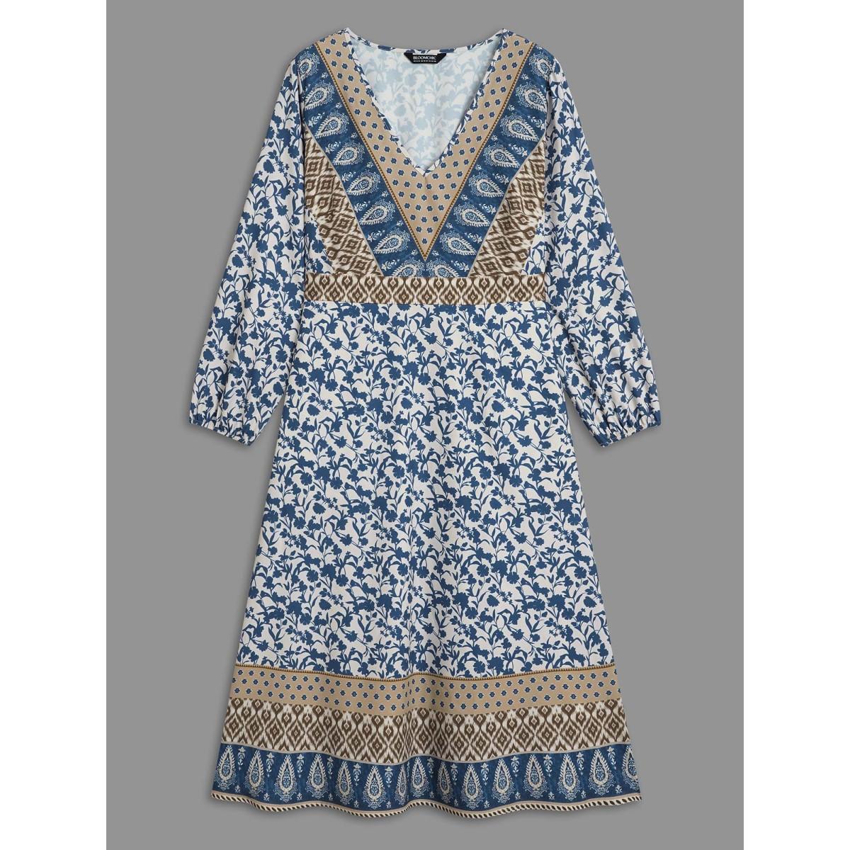 Plus Size Boho Print V-Neck Waist Cinched Midi Dress Mediumblue Women Resort Non V-neck Long Sleeve Curvy BloomChic 10/M Product Image