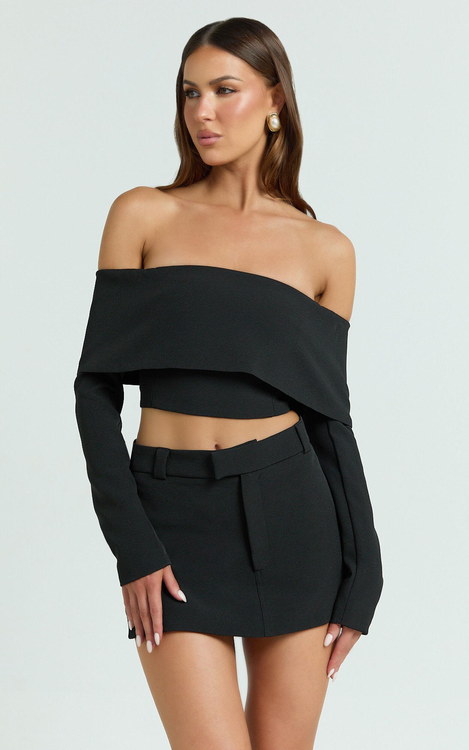 Ursula Top - Long Sleeve Off Shoulder Cropped Top in Black Product Image