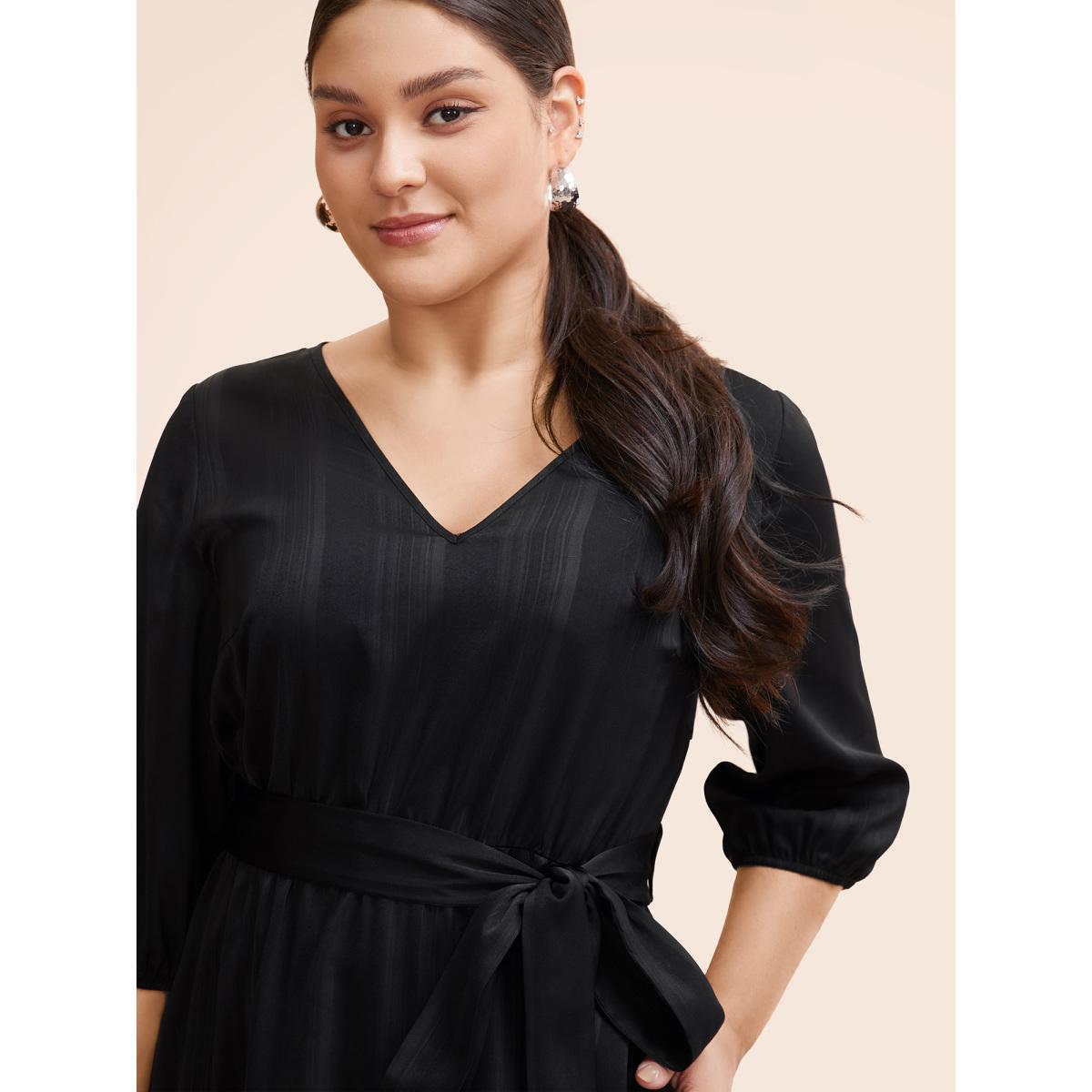 Plus Size Texture Lantern Sleeve Belted Midi Dress Black Women Workwear Essentials Texture V-neck Elbow-length sleeve Curvy BloomChic 26/4X Product Image
