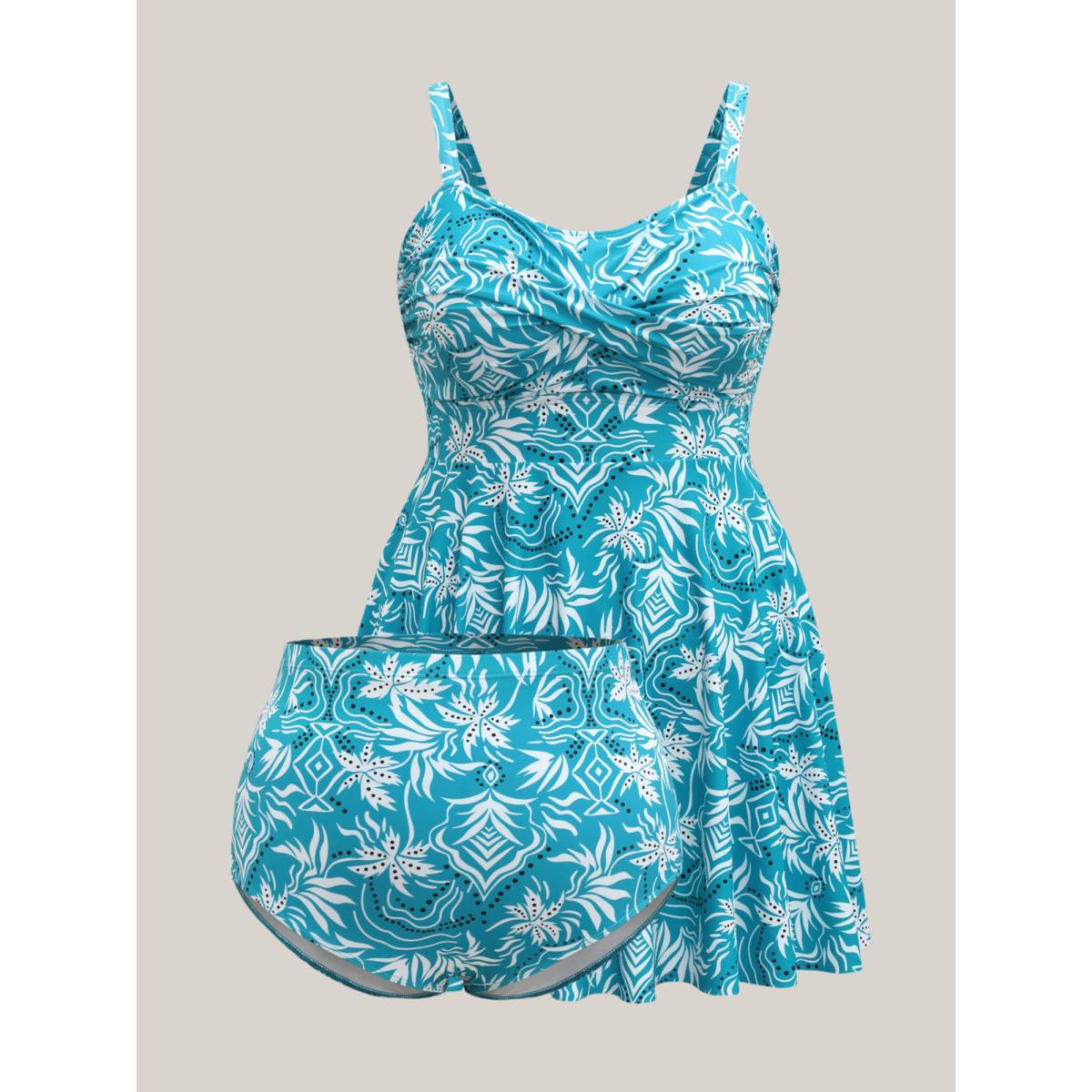 Plus Size Twist Front Floral Print Swim Dress Women's Swimwear Teal Resort Bodycon Heart neckline High stretch Curve Swim Dresses BloomChic 18-20/2X Product Image