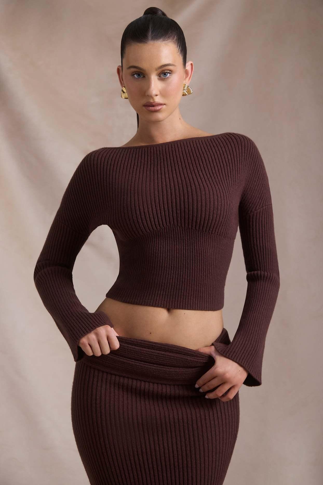 Ribbed-Knit Slash-Neck Top in Espresso Product Image