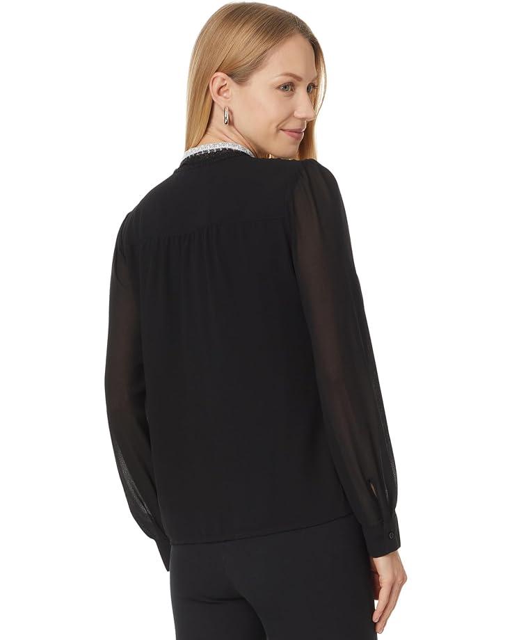 Elbow Puff Sleeve Henley Mixed Media Tee Product Image