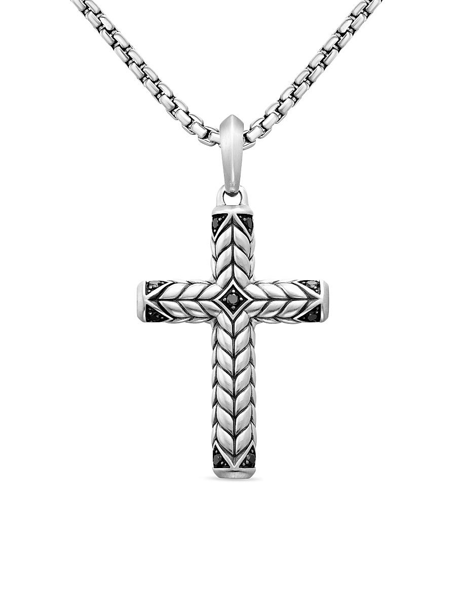 Mens Chevron Cross Pendant in Sterling Silver with Black Diamonds, 36mm Product Image
