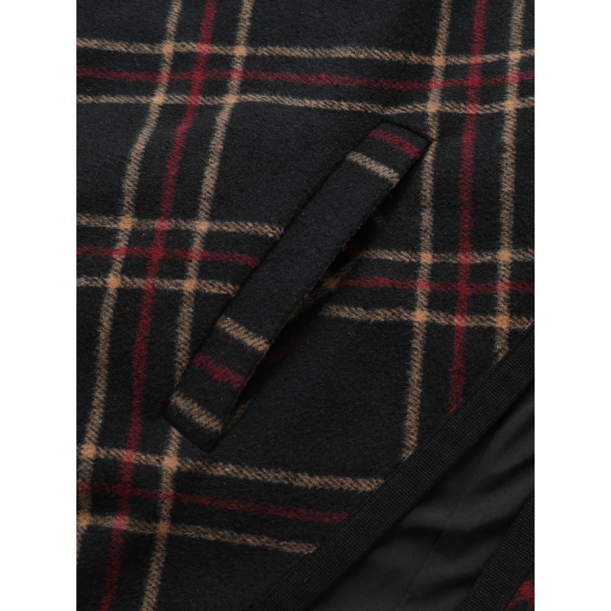 Plus Size Plaid Buckle Detail Hooded Cape Kimono Women Black Casual Lined Loose Pocket Dailywear Kimonos BloomChic 22-24/3X Product Image