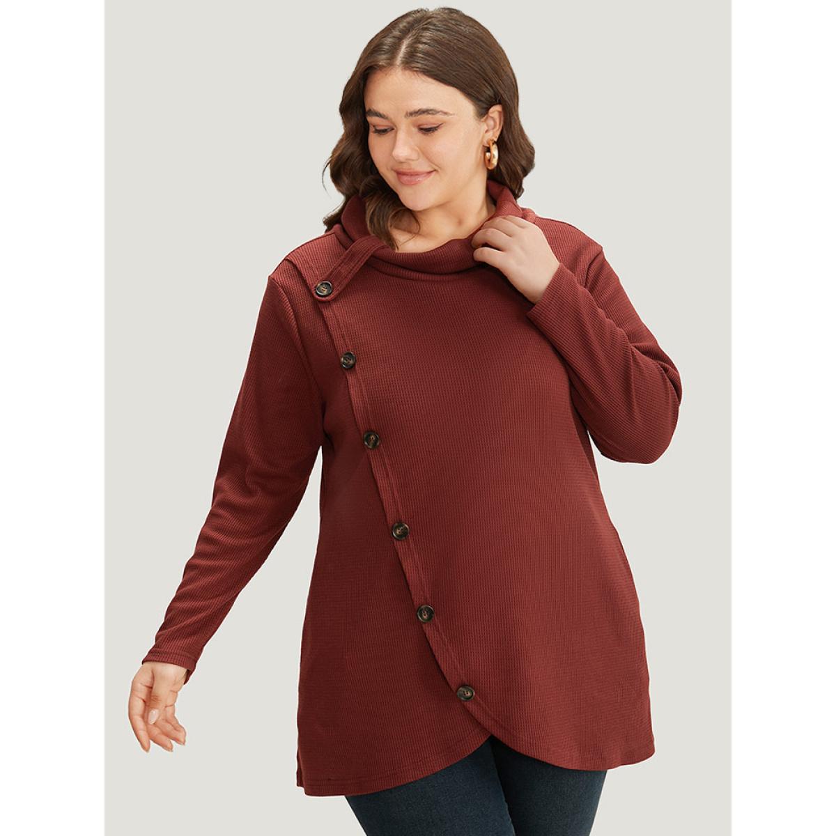 Plus Size Rib Knit Mock Neck Wrap Pocket Button Detail Sweatshirt Women Scarlet Casual Wrap Mock Neck Dailywear Sweatshirts BloomChic 22-24/3X Product Image