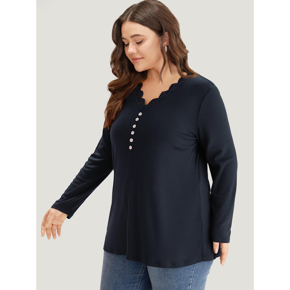 Plus Size Guipure Lace Patchwork V Neck Button Detail T-shirt Indigo Women Elegant Printed Plain V-neck Dailywear T-shirts BloomChic 18-20/2X Product Image