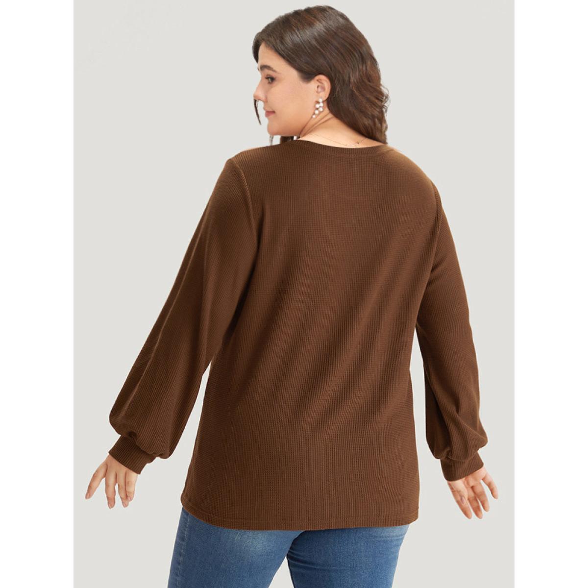 Plus Size Leopard Patchwork Waffle Knit Elastic Cuffs T-shirt DarkBrown Women Casual Elastic cuffs Leopard Round Neck Dailywear T-shirts BloomChic 18-20/2X Product Image