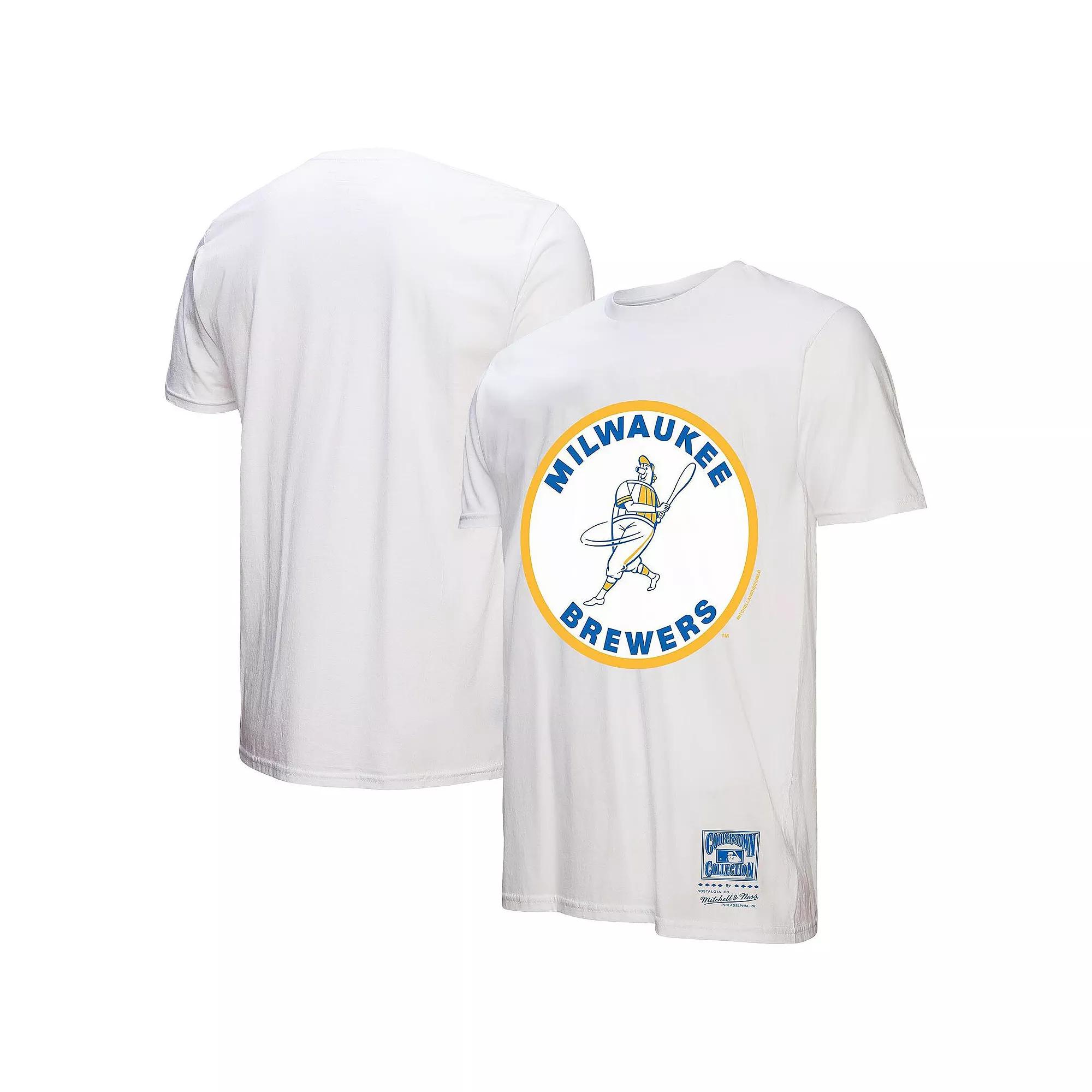 Men's Mitchell & Ness White Milwaukee Brewers Cooperstown Collection Logo T-Shirt, Size: Small Product Image