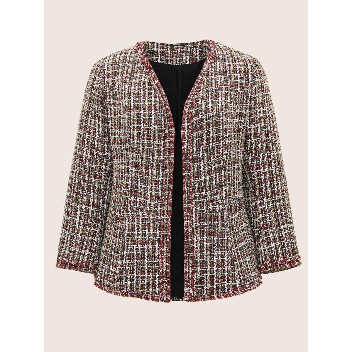 Plus Size Tweed Fuzzy Trim Pocket Open Front Jacket Women Multicolor Texture Pocket Everyday Jackets BloomChic 12/L Product Image