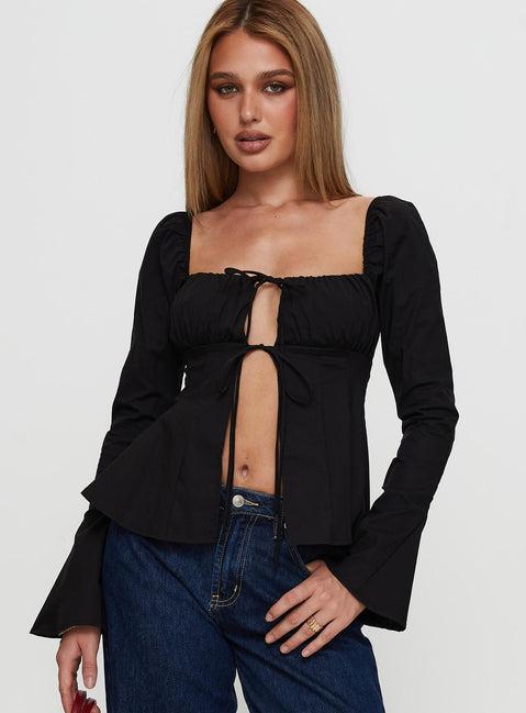 Lilibette Tie Up Long Sleeve Top Black Product Image