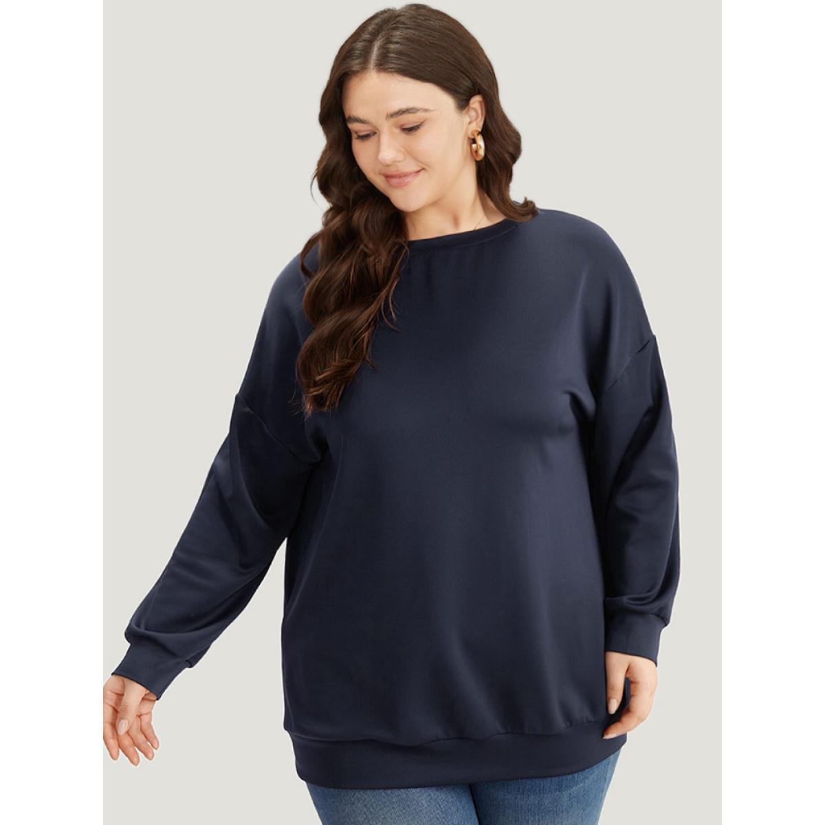 Plus Size Solid Button Detail Patchwork Sweatshirt Women Indigo Casual Elastic cuffs Round Neck Dailywear Sweatshirts BloomChic 14-16/1X Product Image