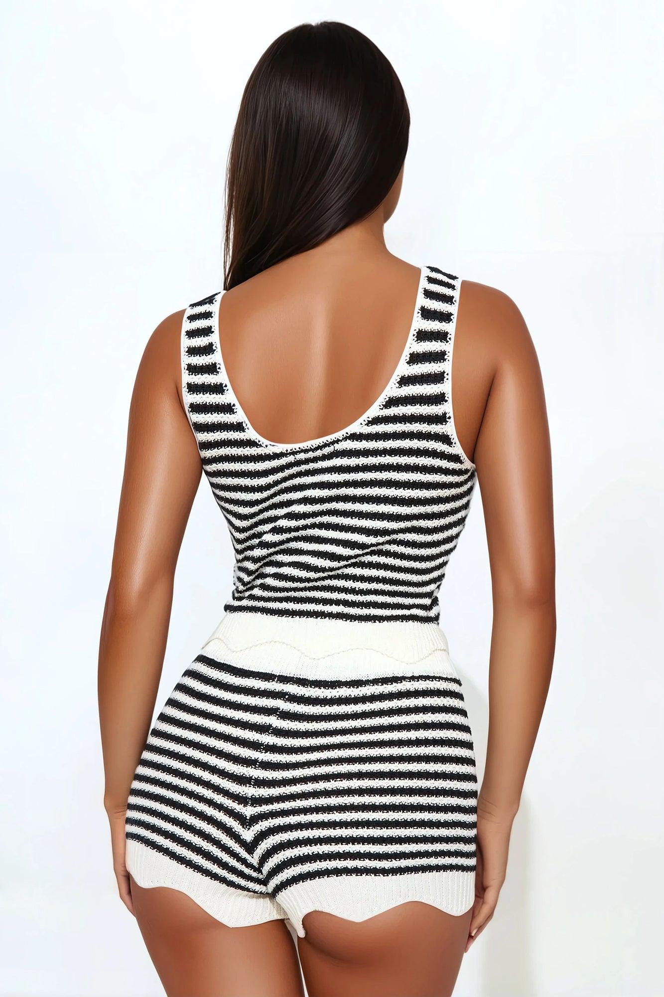 Sun Soaked Striped Crochet Short Set - Black Product Image