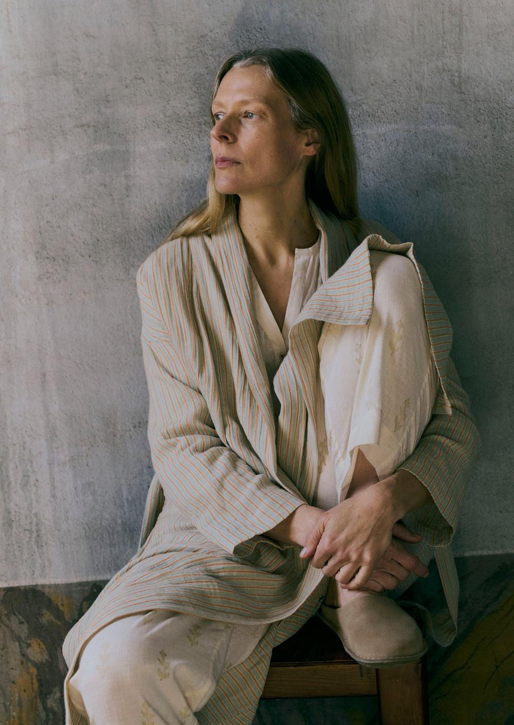 Stripe Crinkle Cotton Gown | Sage/Apricot Product Image