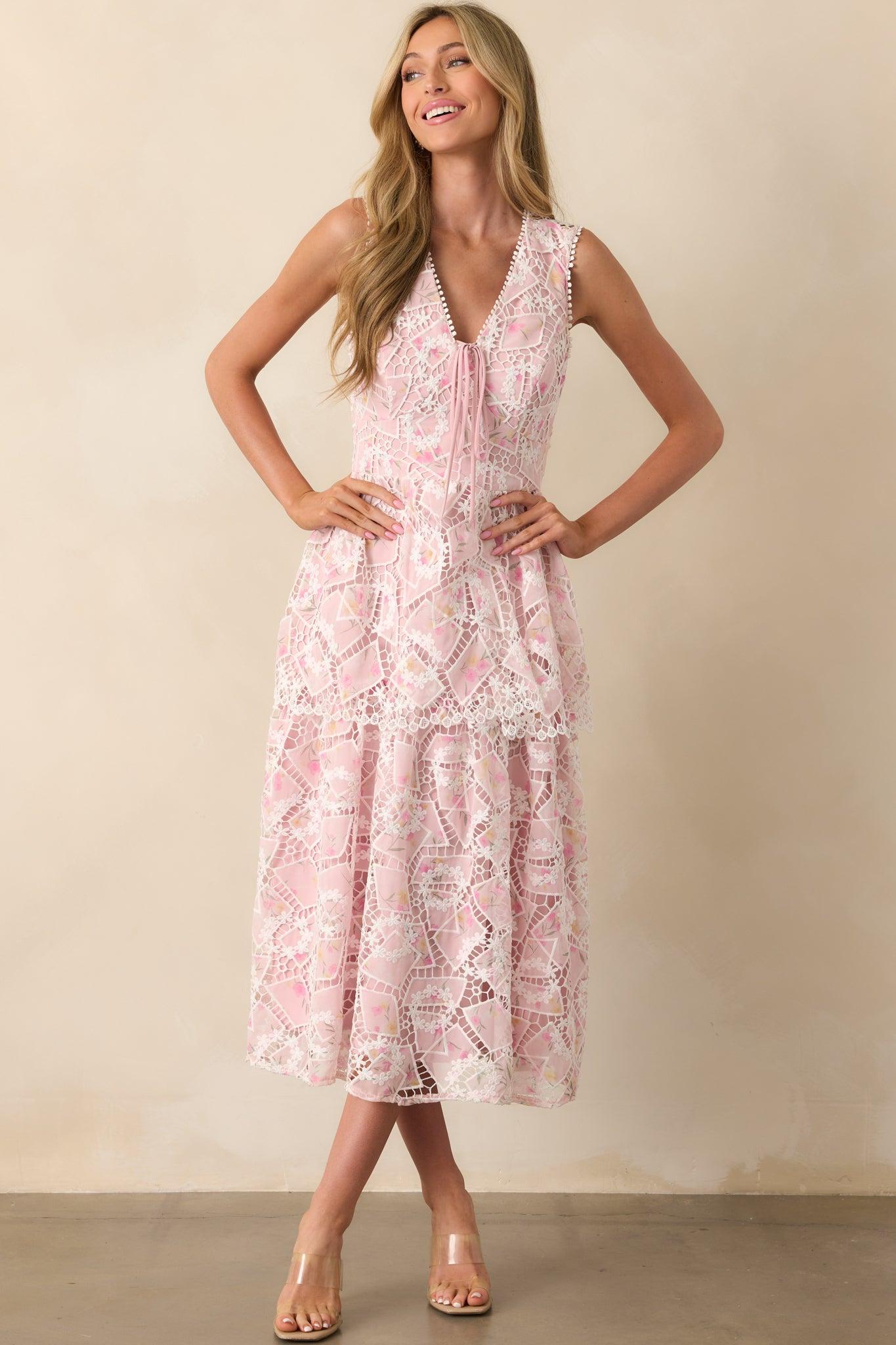 Something Nice Light Pink Floral Embroidered Midi Dress Product Image