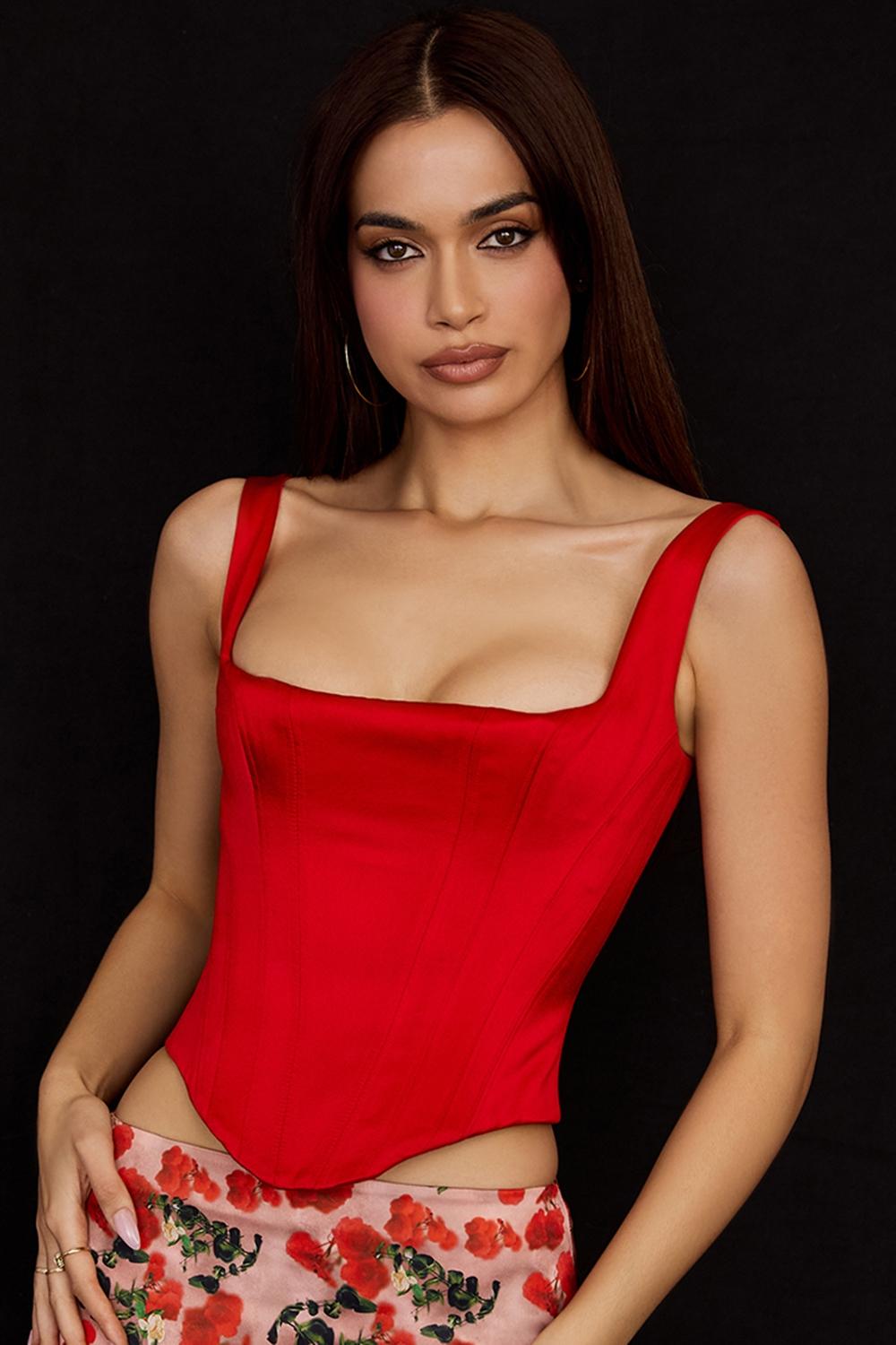 Rafa  scarlet satin longline corset Product Image