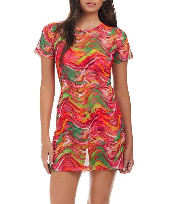 Sanctuary Reading Between The Lines Printed Mesh Crew Neck Short Sleeve Sheath Dress Swim Cover-Up Product Image